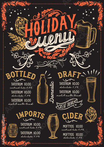 Christmas menu template for beer restaurant on a blackboard.