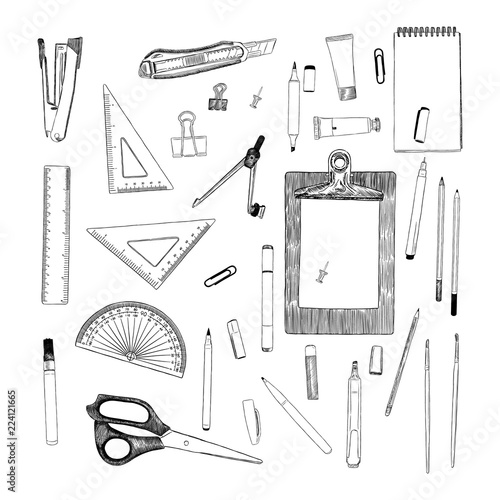 set of stationary , hand draw element sketch vector. work place or school equipment.