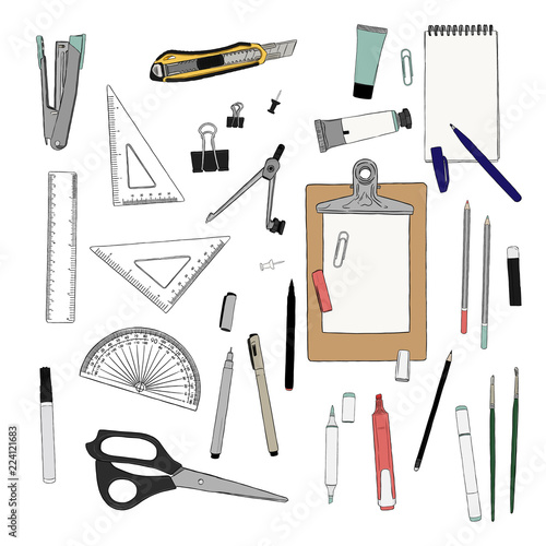 set of stationary , hand draw element sketch vector. work place or school equipment.
