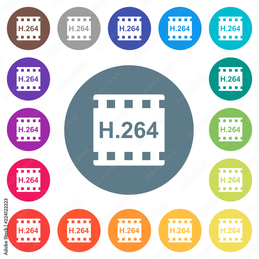 H.264 movie format flat white icons on round color backgrounds H.264 movie format flat white icons on round color backgrounds
