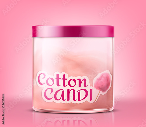 Vector realistic closed glass jar with cotton candy, isolated on pink background. Container with sweet sugar cloud inside, fluffy dessert, holiday treat for kids. Mockup for product advertising