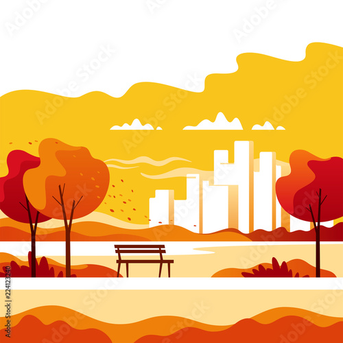 Autumn landscape. City park with town buildings on a background. Vector illustration.