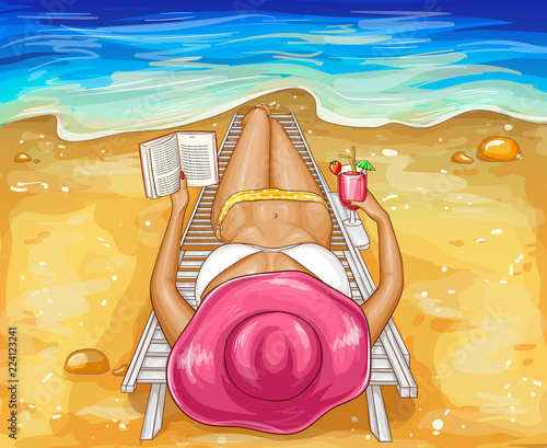 Vector pop art woman in bikini with book, lying on chaise-longue. Top perspective view of sexy body with long legs for ad poster. Summer girl in hat relaxing on deck chair with cocktail in hand