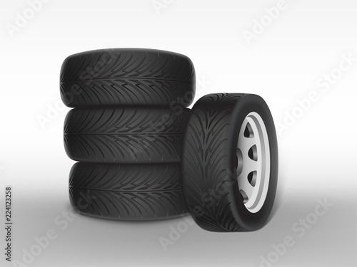 Vector 3d realistic black tyre stacked in pile, shining steel and rubber wheel for car, automobile, isolated on white. Modern rim, tread - automotive equipment for mechanic shop, service.