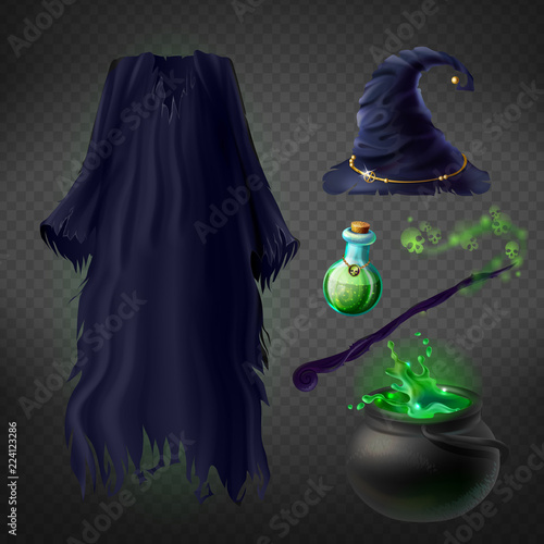 Vector set with witch costume for Halloween party and magical accessories isolated on transparent background. Wizard dress and hat, boiling cauldron with poison, magic wand and flask with potion