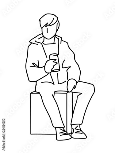 Man sitting on cube with can of soda or other soft drink. Black lines isolated on white background. Consept. Vector illustration of man in simple line art style. Monochromatic hand drawn sketch