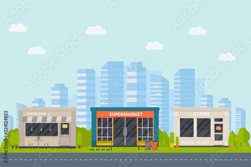 Set of vector flat design restaurants exterior and shops facade: coffee shop, supermarket.