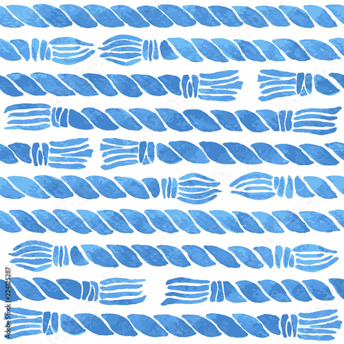 Hand painted background of ropes with tassels in blue. Seamless vector pattern