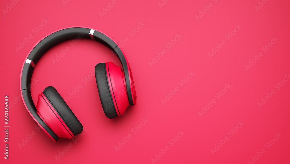 Naklejka premium różowe i czarne słuchawki bezprzewodowe na białym tle na różowym tle