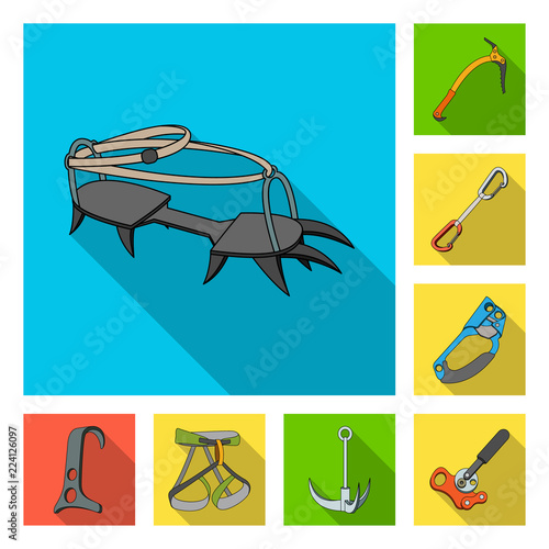 Mountaineering and climbing flat icons in set collection for design. Equipment and accessories vector symbol stock web illustration.