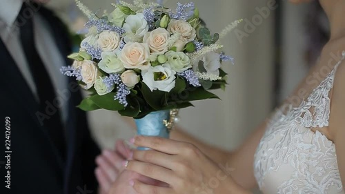 Wedding morning. First meeting of bride and groom in the bridal apartments before wedding ceremony photo