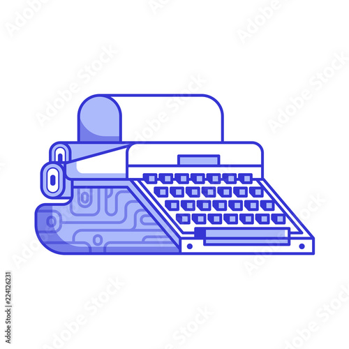Vintage typewriter with paper blank. Retro wooden writing machine for hand typing. Mechanical old type writer icon. Hand typing retro machine in line art style. Typists device in flat design.