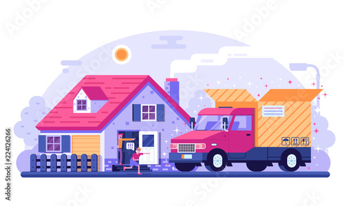 People receiving delivery in front of their house. Delivery truck with opened cardboard box. Standing in cottage doorway father and son getting package from car. Cargo transportation service concept.