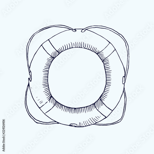 Lifebuoyl, hand drawn doodle, sketch, black and white vector illustration