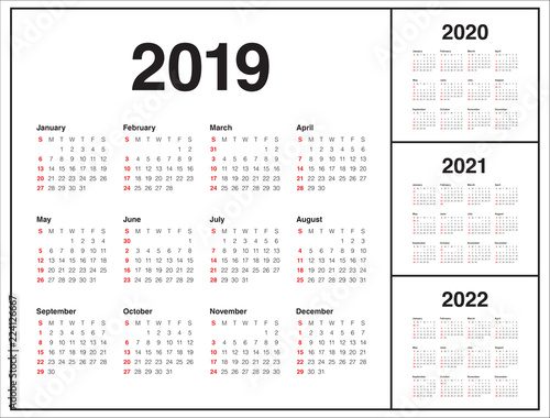 Year 2019 2020 2021 2022 calendar vector design template