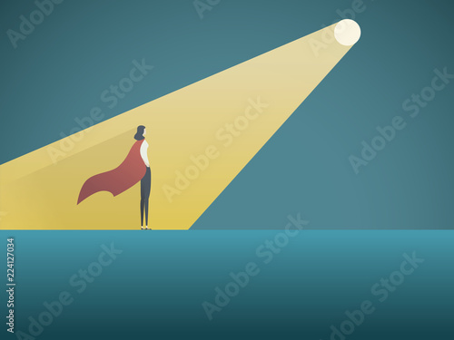 Business recruitment vector concept. Businesswoman superhero in spotlight. Symbol of hiring, headhunting, searching for talent, skill, new career opportunities.