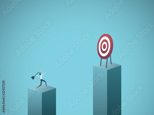 Business objective and strategy vector concept. Businesswoman throwing dart at target. Symbol of business goals, aims, mission, opportunity and challenge.