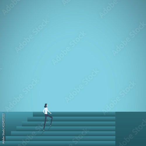 Business woman walking up stairs. Symbol of corporate ladder climbing, career move, progress, promotion.