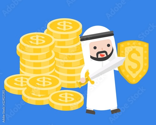 Cute arab businessman carry sword and shield protecting pile of money , business situation insurance concept