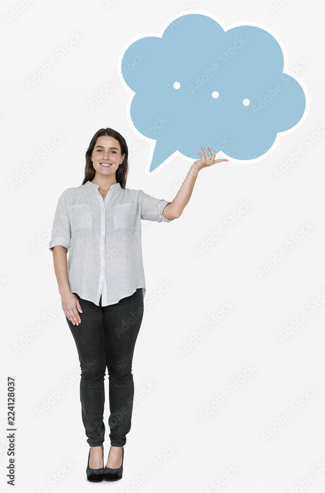 Cheerful woman holding a speech bubble symbol