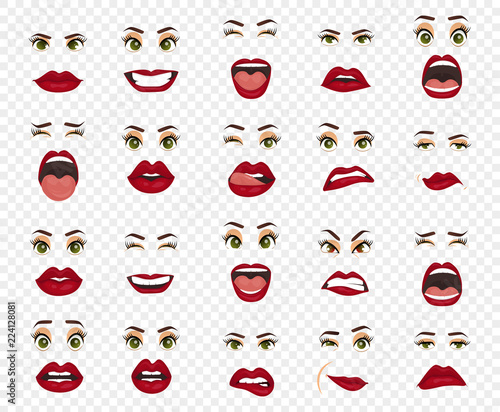 Comic emotions. Women facial expressions, gestures, emotions happiness surprise disgust sadness rapture disappointment fear surprise joy, smile cry coquetry cute mouth. Cartoon icons big set isolated.