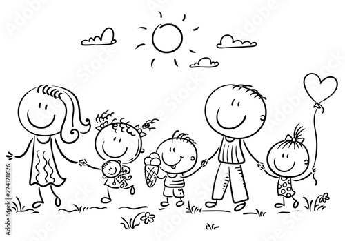 Family with three children walking outdoors, outline