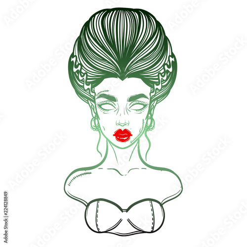 The bride of Frankenstein Girl Line Art. Hand drawn vector illustration. Girl in Halloween costumes