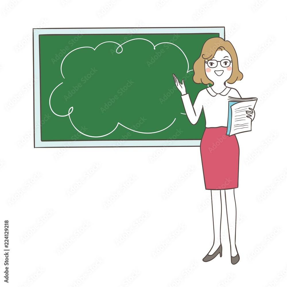 Draw teacher holding book and teaching front blank blackboard Stock