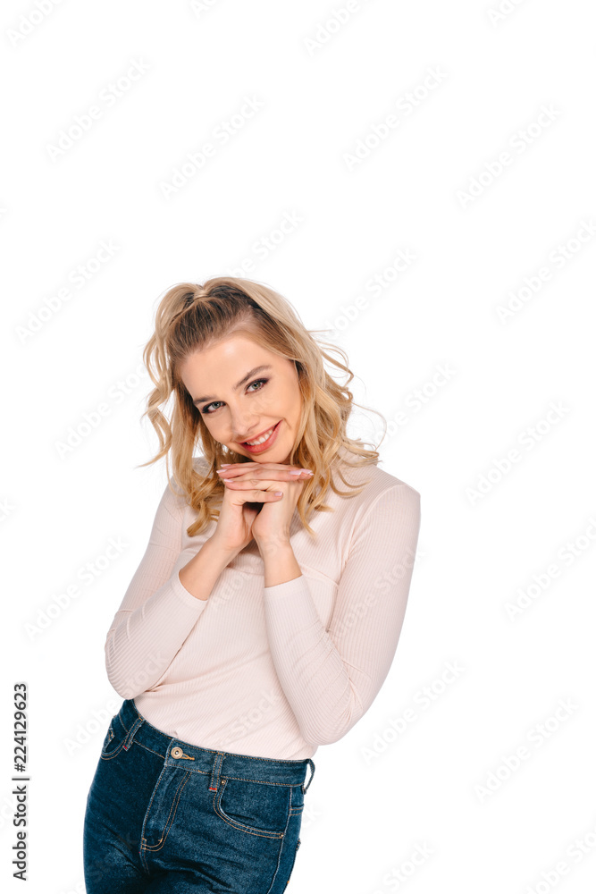 portrait of beautiful young blonde woman smiling at camera isolated on white portrait of beautiful young blonde woman smiling at camera isolated on white