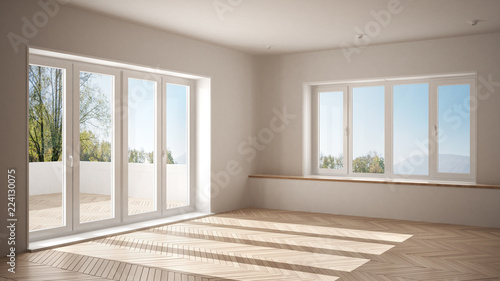 Modern empty space with big panoramic windows and wooden floor, minimalist white architecture interior design
