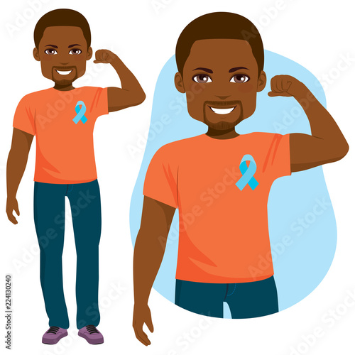 Young happy black male with blue ribbon standing prostate cancer support concept and orange shirt