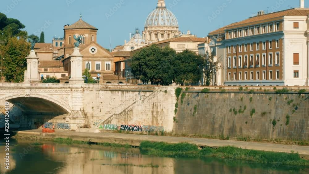 tracking shot from the Castel Sant'Angelo bridge towards the dome of the Vatican, Rome tracking shot from the Castel Sant'Angelo bridge towards the dome of the Vatican, Rome