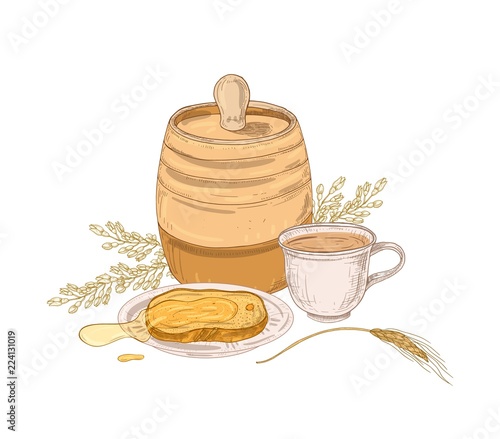 Elegant drawing of barrel, sweet honey on slice of bread or toast lying on pl...