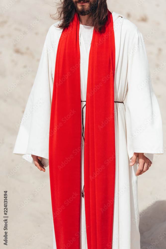 cropped image of Jesus in robe and red sash standing in desert