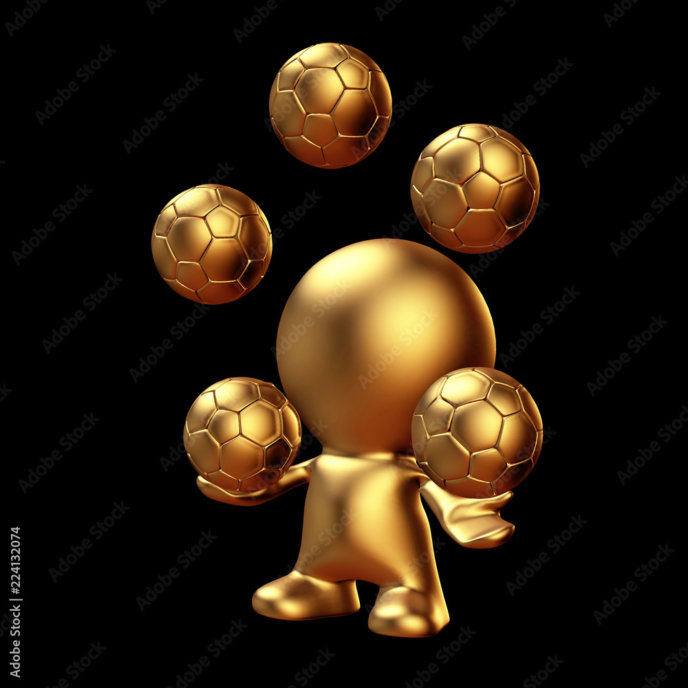 golden comic character juggling five soccer balls (3d rendering, isolated on black background)