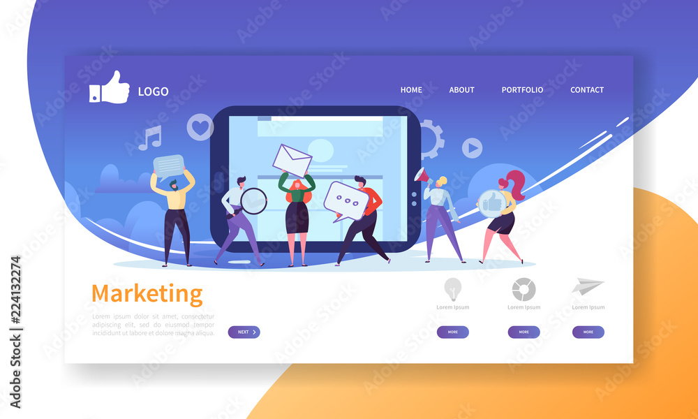 Social Marketing Landing Page Template. Website Layout with Flat People Characters Advertising. Easy to Edit and Customize Mobile Web Site. Vector illustration Social Marketing Landing Page Template. Website Layout with Flat People Characters Advertising. Easy to Edit and Customize Mobile Web Site. Vector illustration