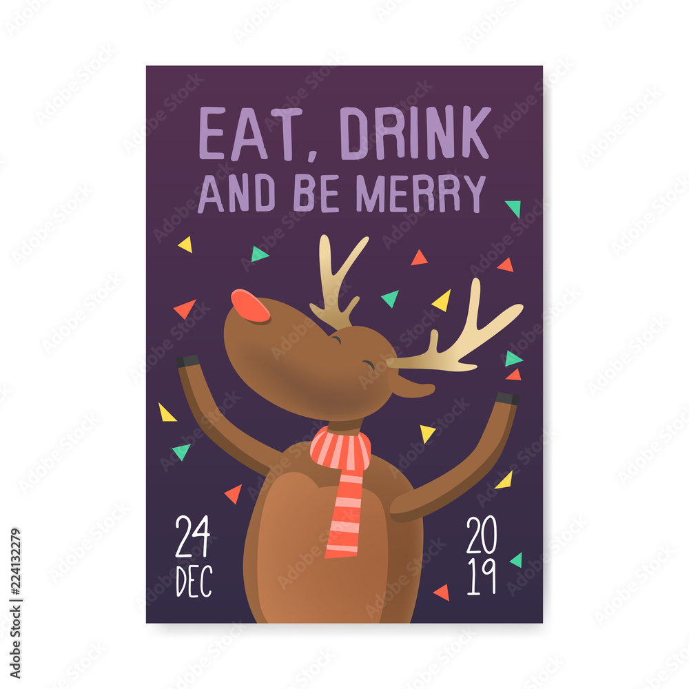 Plakat Merry Christmas 2019 Party Poster, Invitation, Flyer Template. Xmas Vintage Banner Greeting Card with Reindeer. Vector illustration