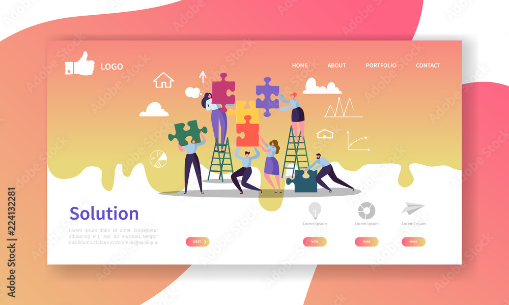 Naklejka premium Team Work Landing Page Template. Website Layout with Flat People Characters with Puzzle. Easy to Edit and Customize Mobile Web Site. Vector illustration