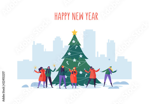 Winter Holidays in the City. New Year and Christmas Party on Cityscape with Flat People Characters Celebrating. Xmas Urban Landscape. Vector illustration