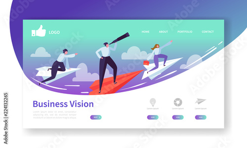 Business Vision Landing Page Template. Website Layout with Flat People Characters Flying on Paper Plane. Easy to Edit and Customize Mobile Web Site. Vector illustration