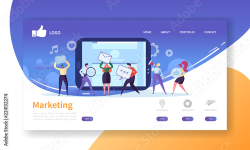 Social Marketing Landing Page Template. Website Layout with Flat People Characters Advertising. Easy to Edit and Customize Mobile Web Site. Vector illustration