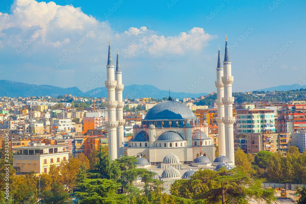 Panorama of Tirana and largest mosque in Albania