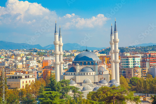 Panorama of Tirana and largest mosque in Albania photo