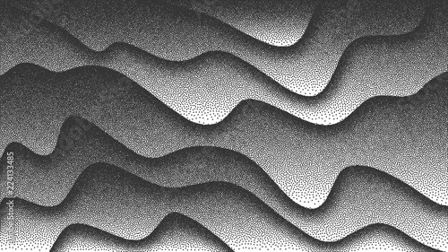 3D Abstract Vector Smooth Liquid Curved Lines Retro Style Dotwork Background. Hand Made Dotted Stippling Engraving Texture