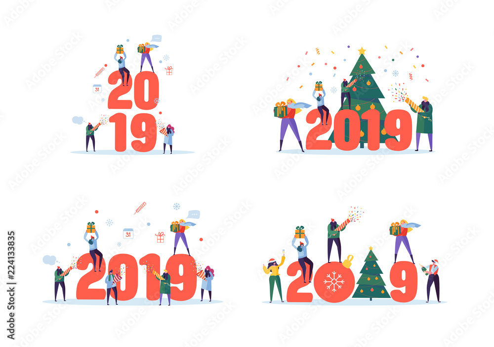 Happy New Year 2019 Greeting Card. Flat People Characters Celebrating Party with Gift Boxes and Confetti. Vector illustration