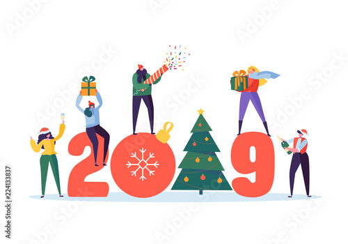 Happy New Year 2019 Greeting Card. Flat People Characters Celebrating Party with Christmas Tree, Gifts and Confetti. Vector illustration