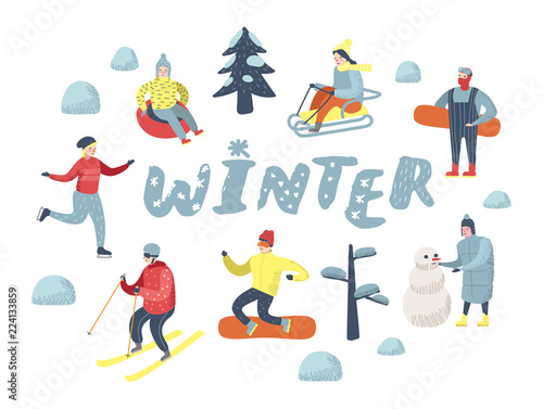 Flat People Characters on Happy Vacation. Winter Sports Sledding, Snowboard, Ski. Vector illustration © Pavlo Syvak