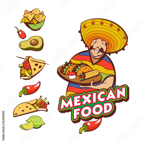Mexican food. Cute Mexican holding a tray of Mexican food. A set of popular Mexican dishes. Vector illustration.