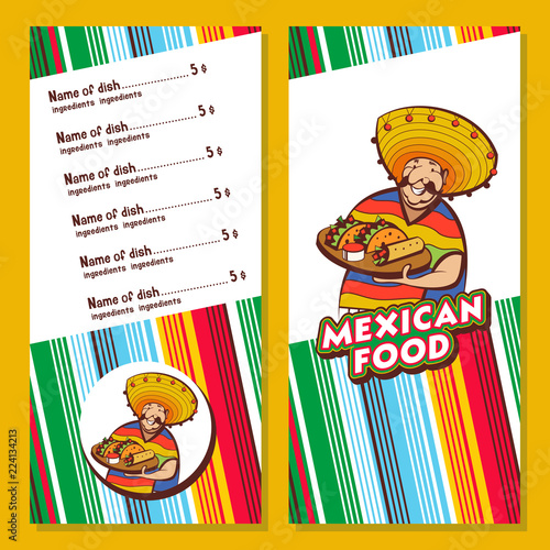 Mexican food. Cute Mexican holding a tray of Mexican food. A set of popular Mexican dishes. Vector illustration.