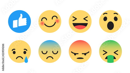 Flat Design Vector Facebook Emoticons Set with Different Reactions for Social Network Isolated on White Background. Modern Emoji Collection